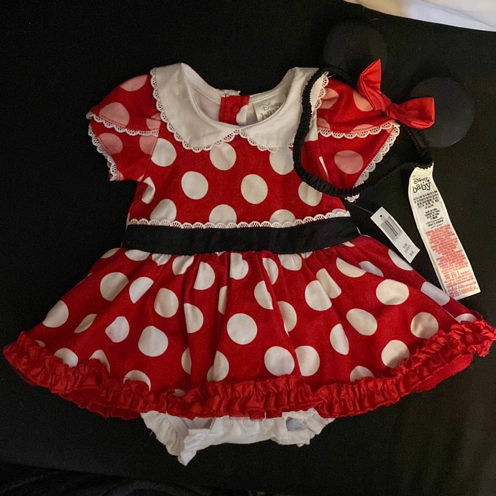 Disney World Disney Official Minnie Mouse Onesie Dress with ears headband